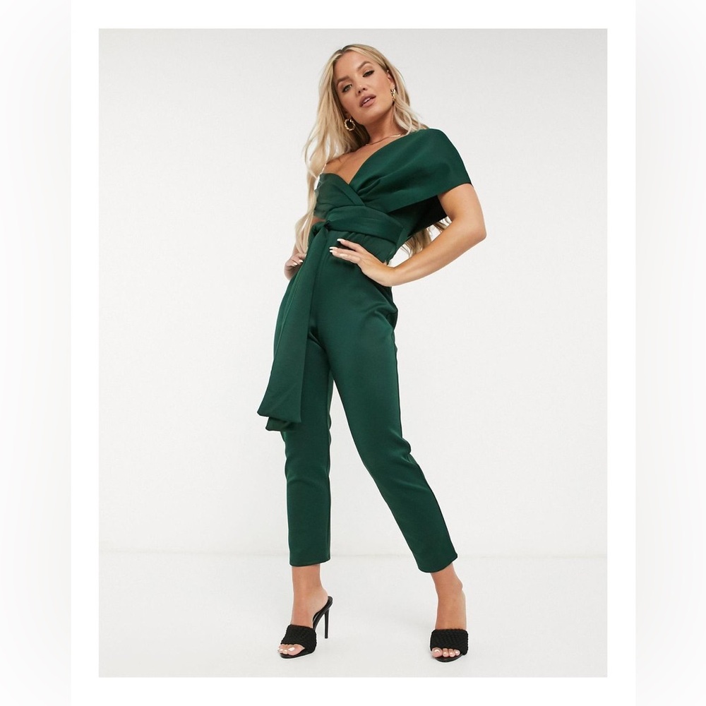 ASOS Design Curve Green Off Shoulder Jumpsuit